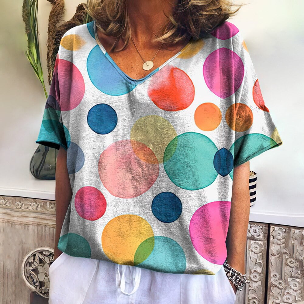 T-shirt imprimé à pois pour femmes, col en Y, mode Harajuku, vêtements colorés, t-shirts College en L, t-shirt décontracté 1
