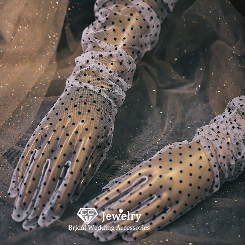 Gants Longs Motifs À Pois Extensibles Noirs