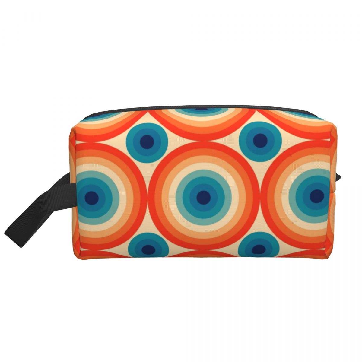 Trousse de toilette de voyage à motif de points Polka Eye Icidal, trousse de maquillage du milieu du siècle, trousse de rangement pour cosmétiques, orange et bleu, années 70 2