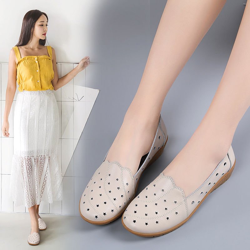 Mocassins en cuir blanc pour femmes, chaussures décontractées, plates, découpées, respirantes, ballerines, mocassins, été 2