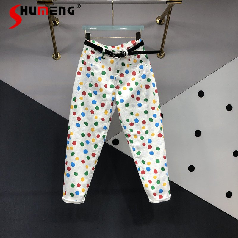 Jeans Pois Colorés Femmes Sarouel Taille Haute Carotte Polyvalente