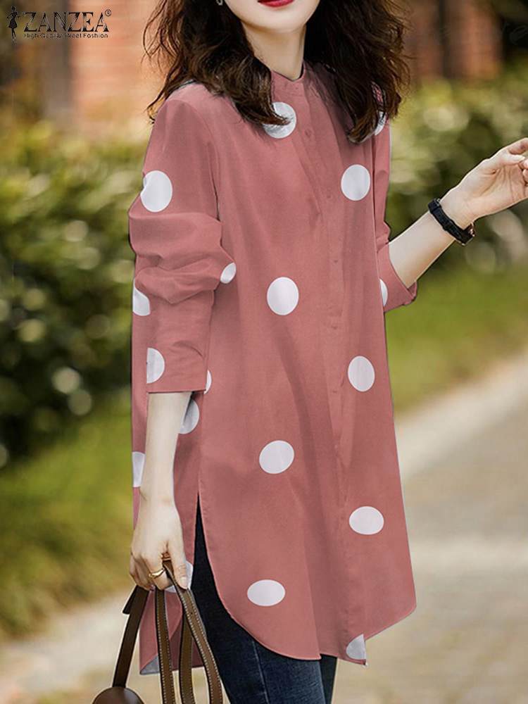 ZANZEA-Chemise à manches longues à pois College vintage pour femmes, chemisier à col rond, tunique à boutons pour femmes, chemisier décontracté, printemps, 2023 2