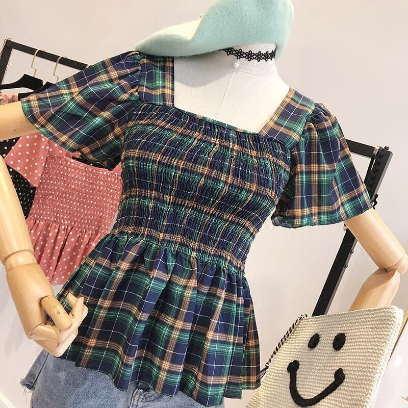 Chemisier d'été à pois pour femmes, chemise à volants à manches courtes, dos nu croisé, en mousseline de soie, élastique pour dames, SF923 2