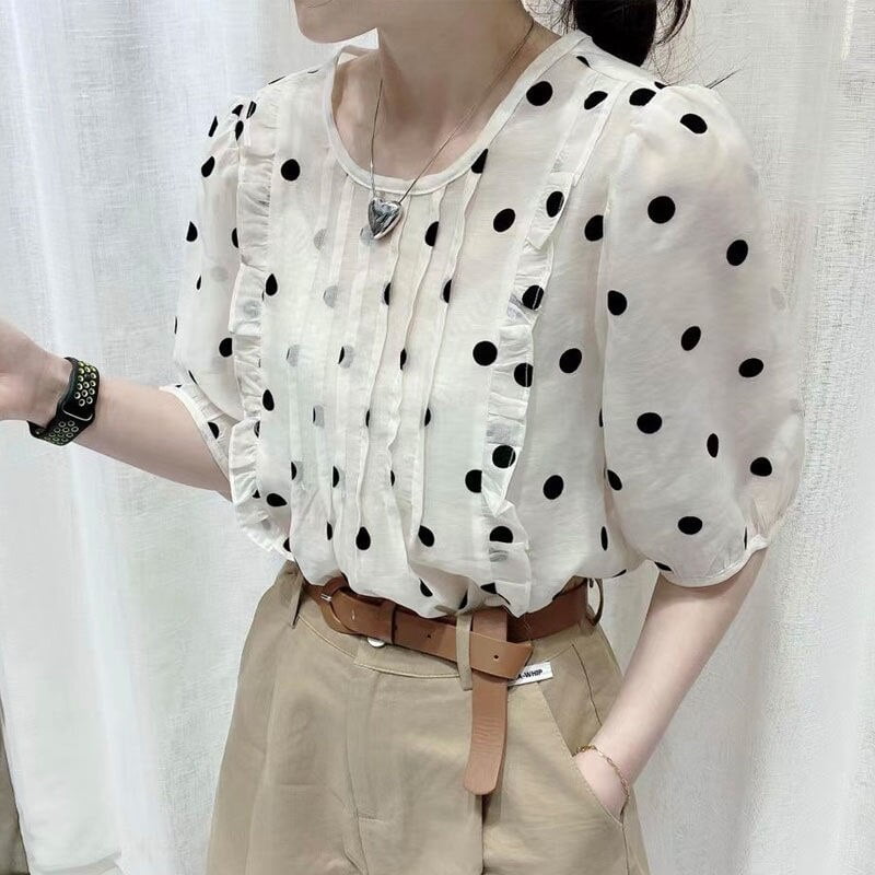 Chemise en mousseline de soie à pois pour femme, chemisier à manches courtes, manches micro-bulle à volants, tempérament d'été, nouveau, 2022, Y 1