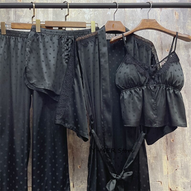 Pyjama imprimé en satin trempé pour femmes, ensemble quatre pièces, patchwork de dentelle, robe kimono, vêtements de nuit d'été, camisole sexy, objectifs, pantalons, peignoir, nouveau 2