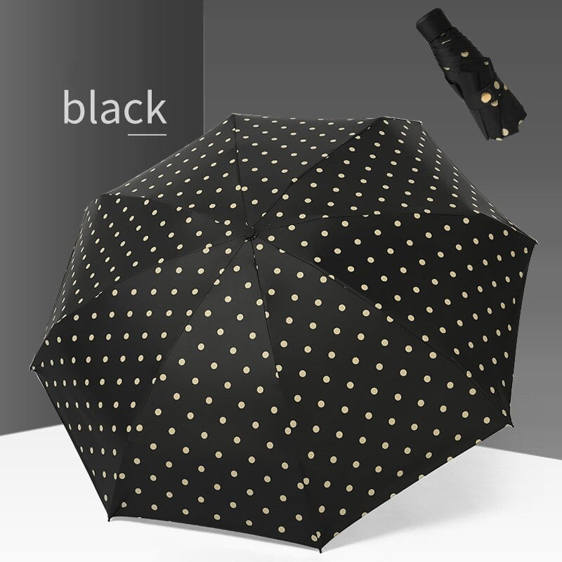 Parapluie Solaire Pliable À Pois Pour Femmes, 5 Petites Poches, Double Usage, Revêtement Noir