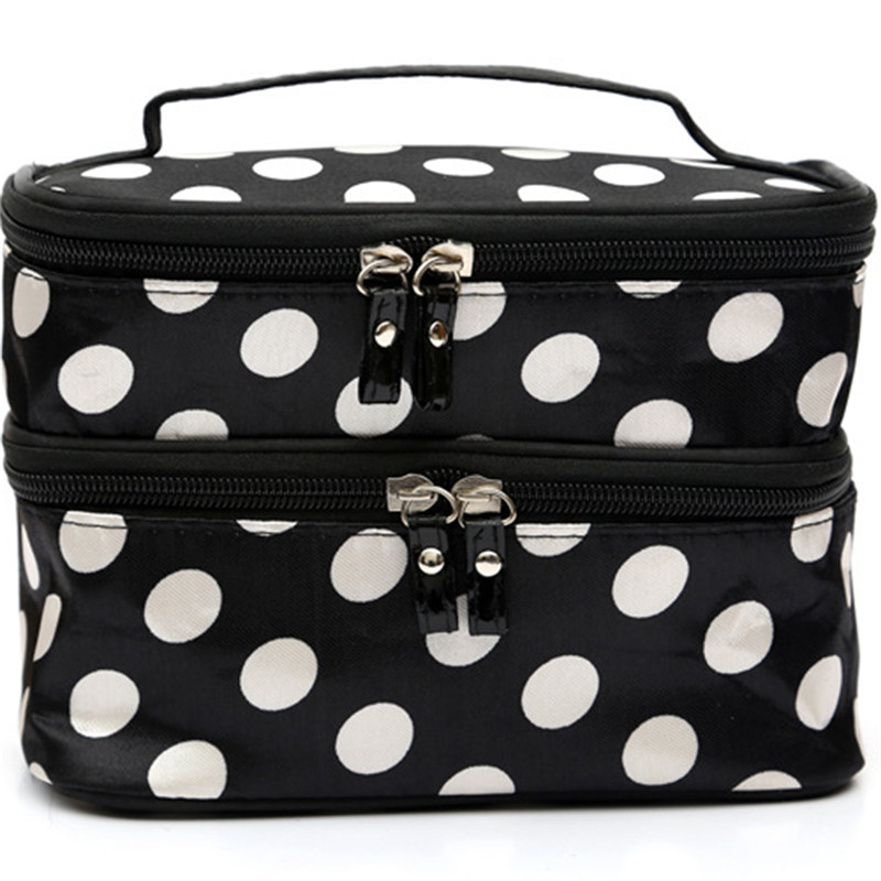 Mode à pois Double couches cas voyage sacs à cosmétiques grande femme sac cosmétique organisateur de toilette stockage sac de maquillage