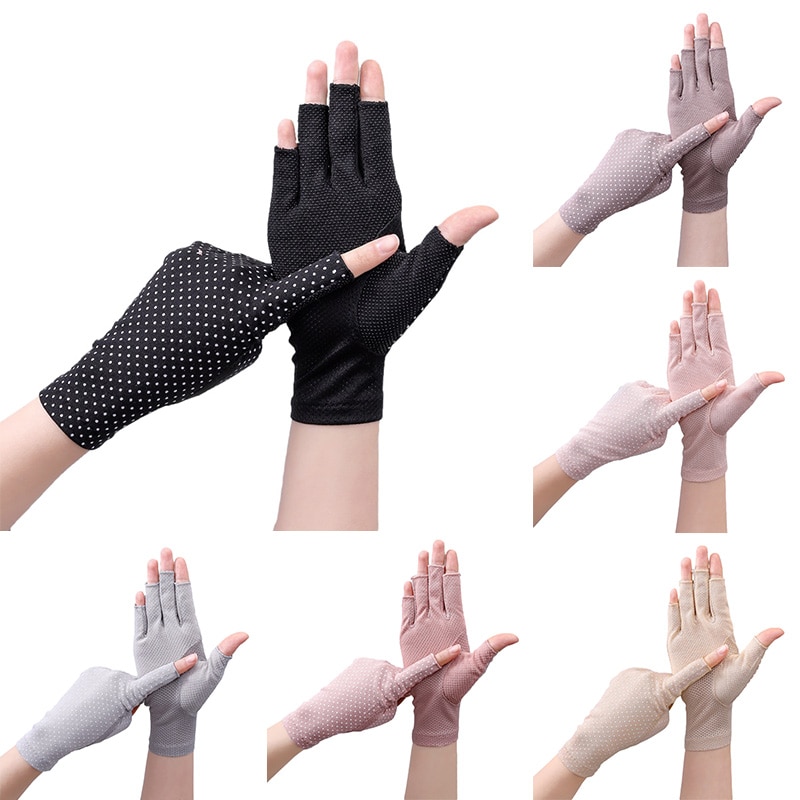 Gants De Protection Solaire Pour Femmes, Motifs À Pois, Écran Tactile, Demi-Doigt