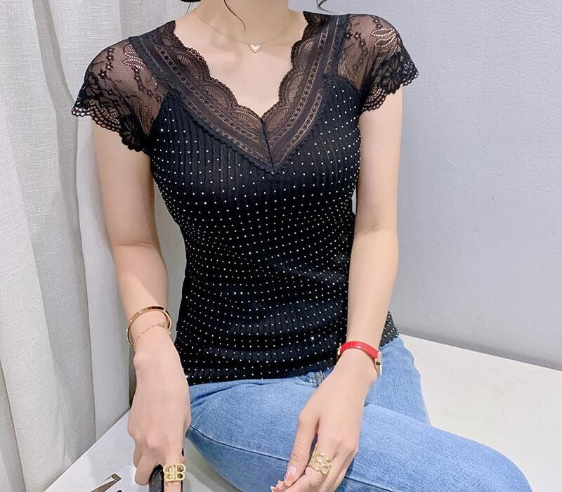 Chemisier à manches courtes en dentelle, col en v, sexy, T-shirt femme, strass, slim, pull, été 1