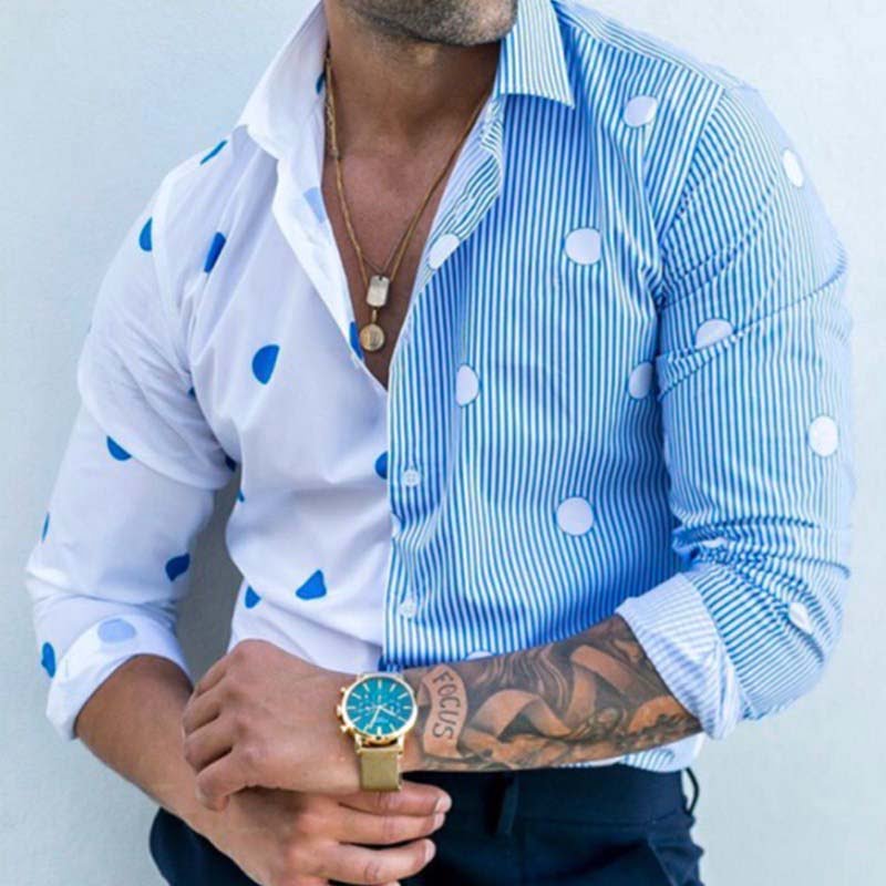 Chemise à manches longues rayée à pois bleus pour hommes, chemise boutonnée à revers, chemisier masculin décontracté, mince, européen, américain, automne, 2021 2