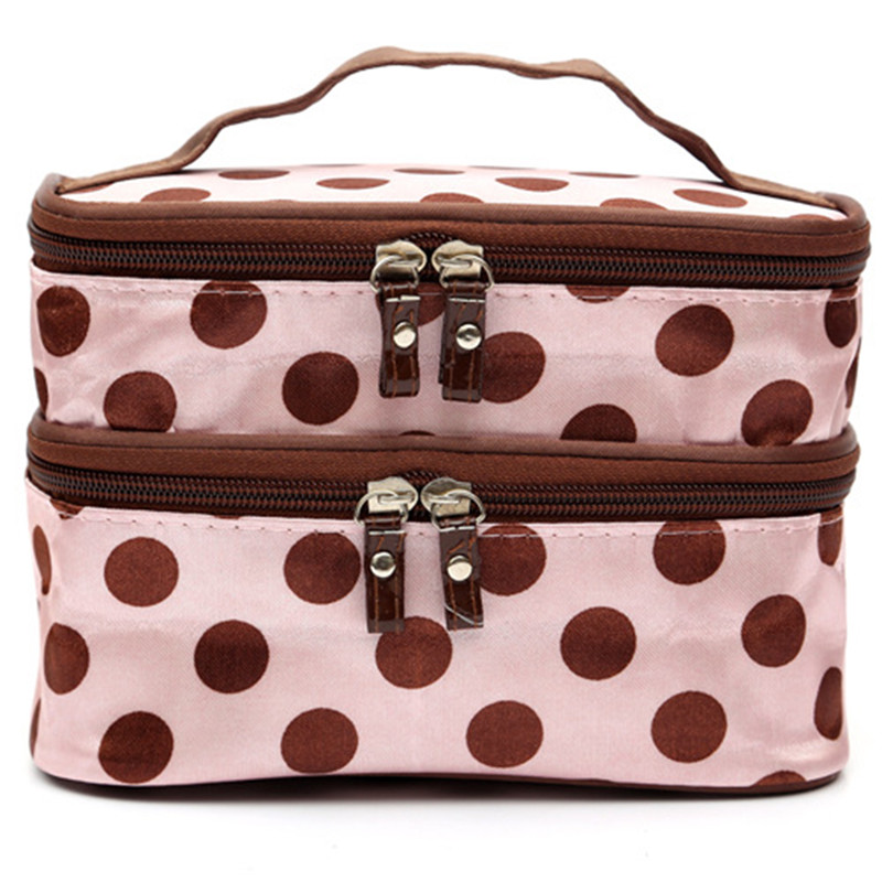 Mode à pois Double couches cas voyage sacs à cosmétiques grande femme sac cosmétique organisateur de toilette stockage sac de maquillage
