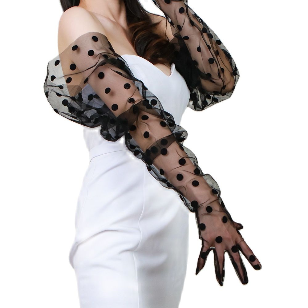 Gants de soirée longs à pois noirs pour femmes, 85cm, larges points, en dentelle, manchette Large, WLS06 2