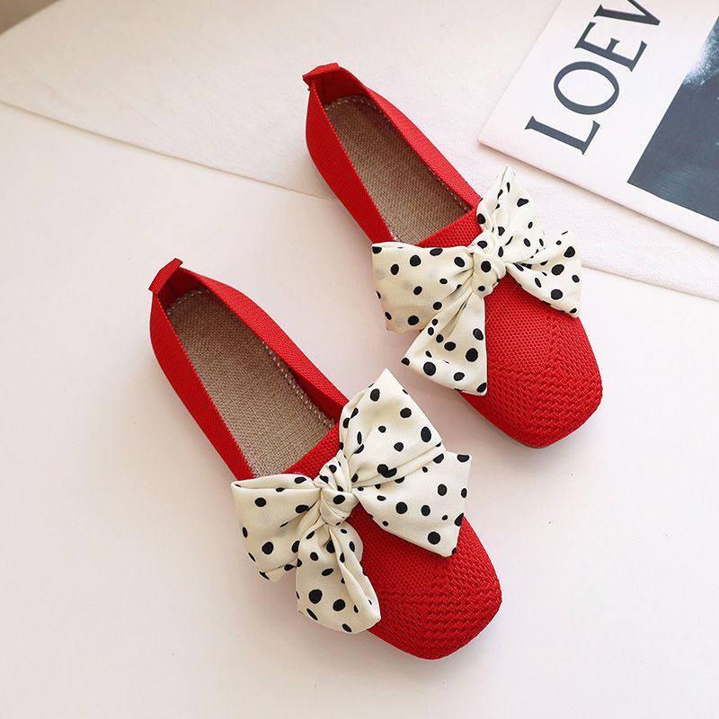 Mocassins tricotés à pois pour femmes, chaussures de marche, bout carré rouge, Nministériels d papillon, Stretch, ALD on, 42