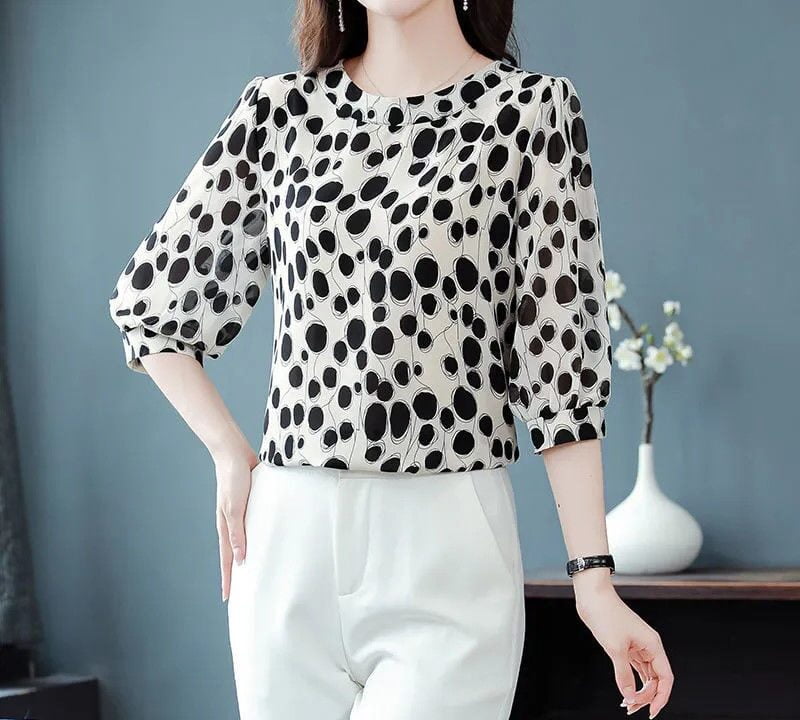 T-shirt à col rond et manches mi-longues pour femmes, pulls College à pois, style coréen, t-shirts fins pour dames, mode estivale, nouveau 1