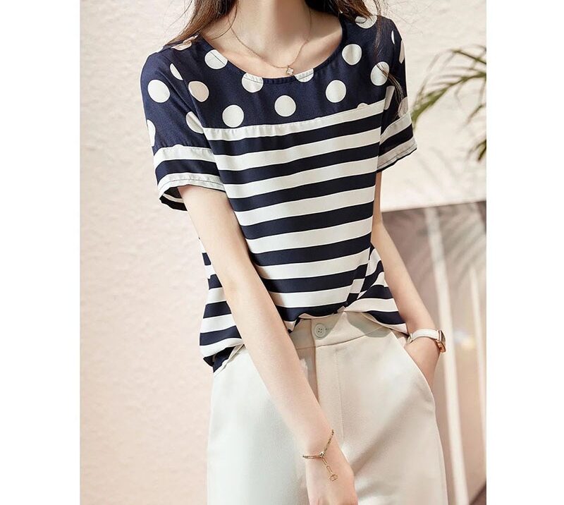 Chemisier rayé à pois à manches courtes pour femmes, pulls décontractés, chemise assortie, vêtements pour femmes, imprimé épissé, nouvelle mode, été, 2023 1
