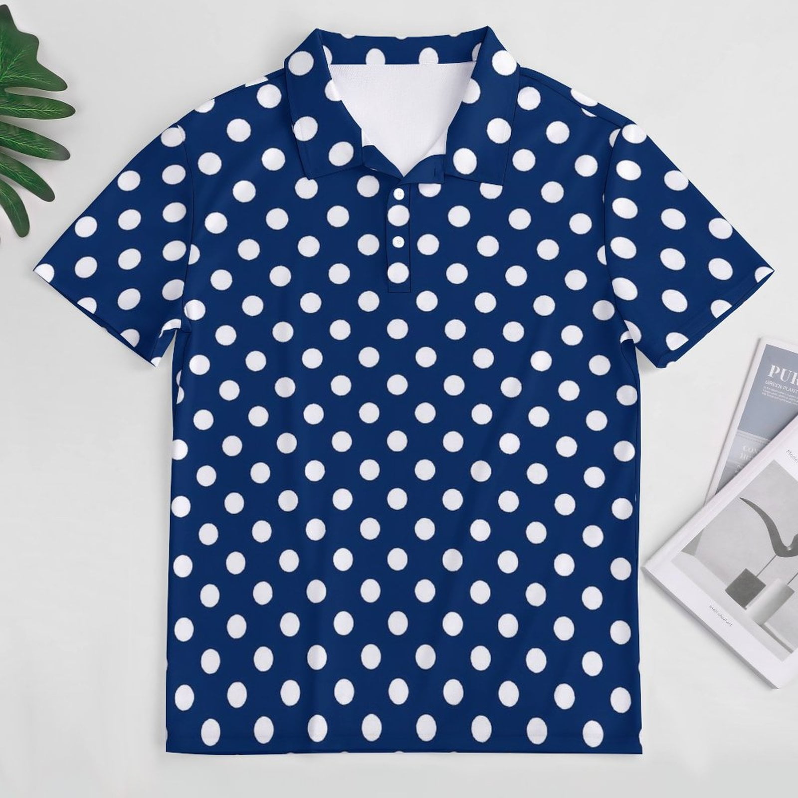 Polo bleu marine et blanc à pois pour homme, chemise décontractée, t-shirts drôles de plage, col à manches courtes, haut graphique respirant 2