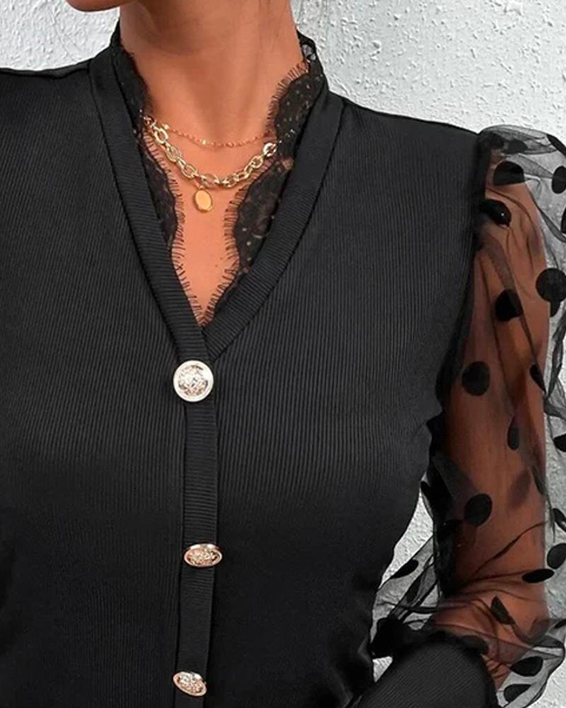 Chemisier en dentelle transparente pour femmes, haut Sexy, imprimé à pois, Patchwork, décontracté, manches longues, boutons, tunique d'été 2