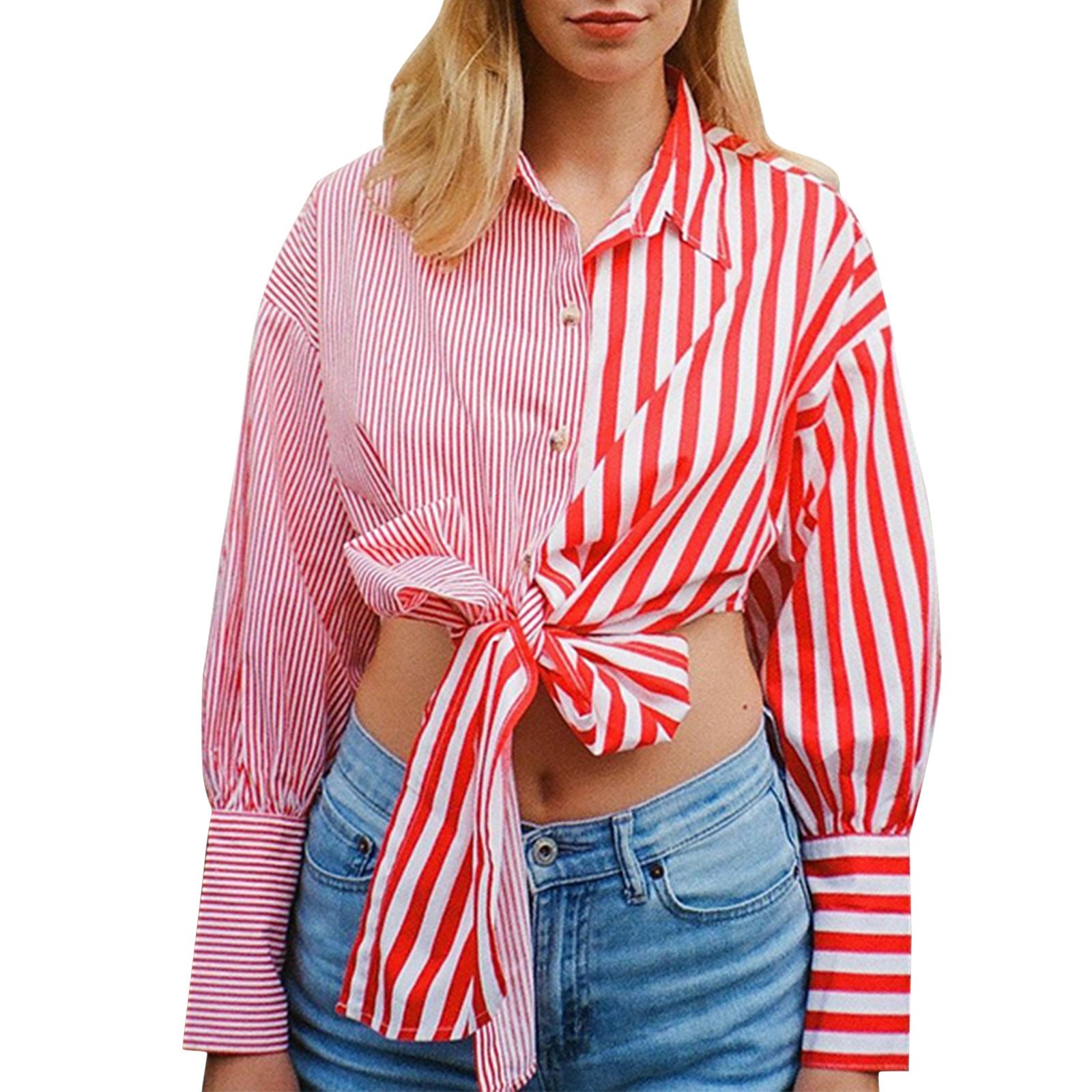 IMCUTE – T-shirt à manches longues pour femmes, chemise torsadée à boutons à revers, ample, décontracté, rayé, à pois, bureau, OL Lady 2