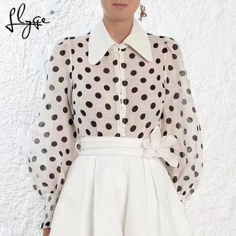 T-shirt en mousseline de soie à pois pour femmes, streetwear à revers, lanterne à manches longues, chemises rétro pour dames, chemise de bureau d'été, mode 2