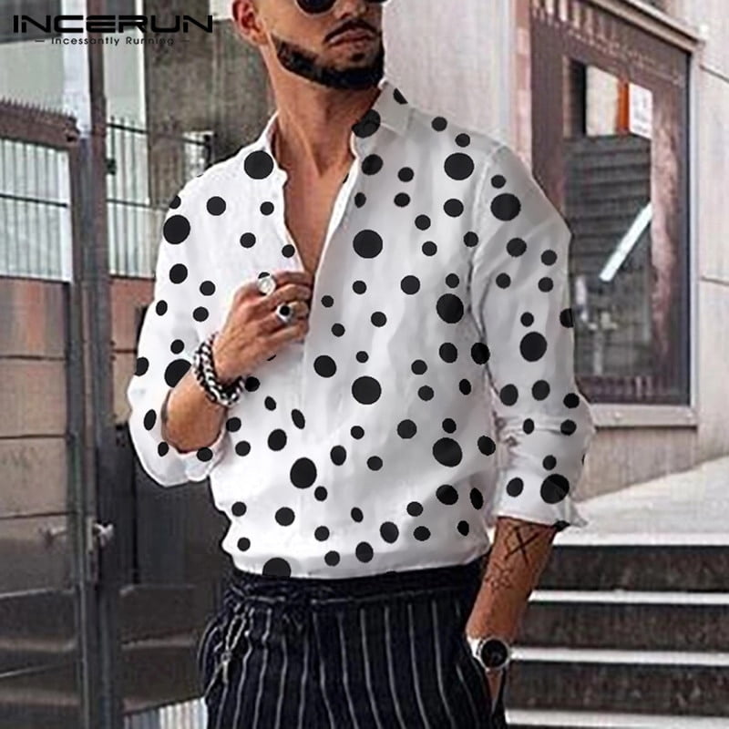 Homme Casual adt Blouse INCERUN Mode Polka Dot Imprimé Chemises Hommes Manches sulfRevers Cou Camisa Loisirs lèvent Chemises S-5XL 1