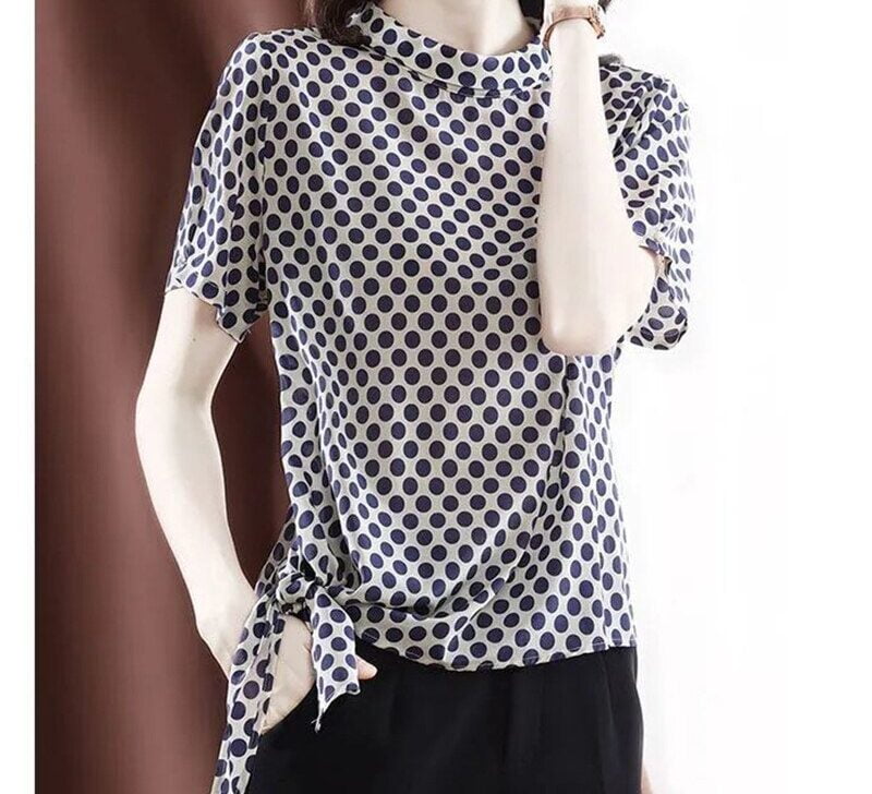 Chemise en mousseline de soie imprimée à pois pour femmes, chemisier à col rond, pull à manches courtes, vêtements pour femmes, mode élégante, été 2023 1