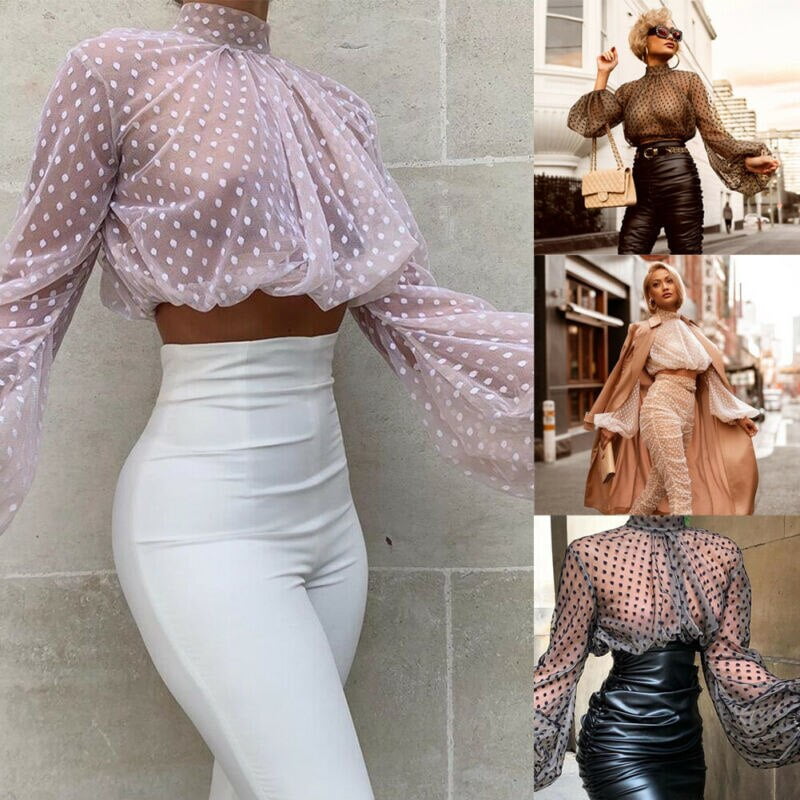 T-shirt à manches longues bouffantes pour femmes, transparent, maille transparente, dentelle, sexy, mode 1
