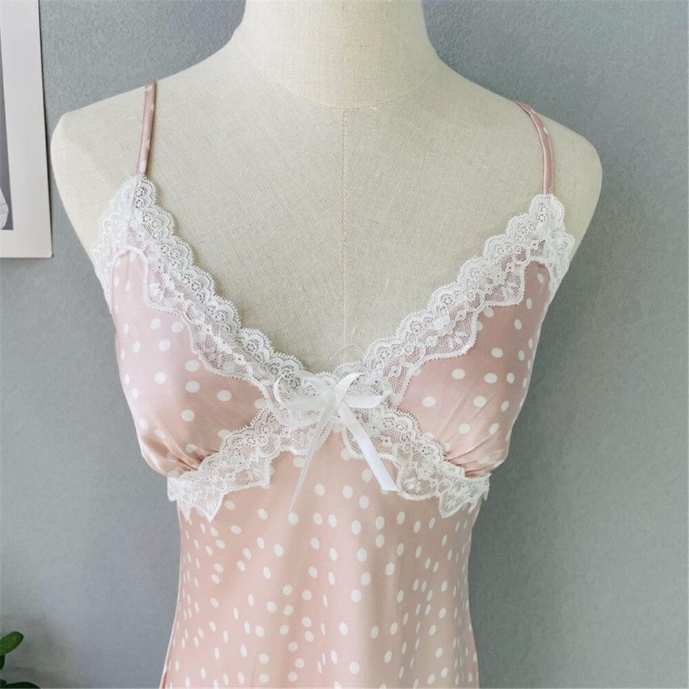 Ensemble de nuit en satin imprimé à pois pour femmes, peignoir en dentelle sexy, haut à bretelles, short, vêtements de nuit en satin, pyjamas d'été, vêtements d'intérieur, 3 pièces 2