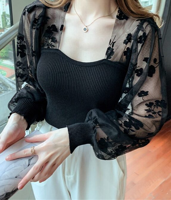 T-shirt à manches longues pour femmes, chemisiers à bulles, haut court chic, maille à pois, patchwork, chemise astronomique 1