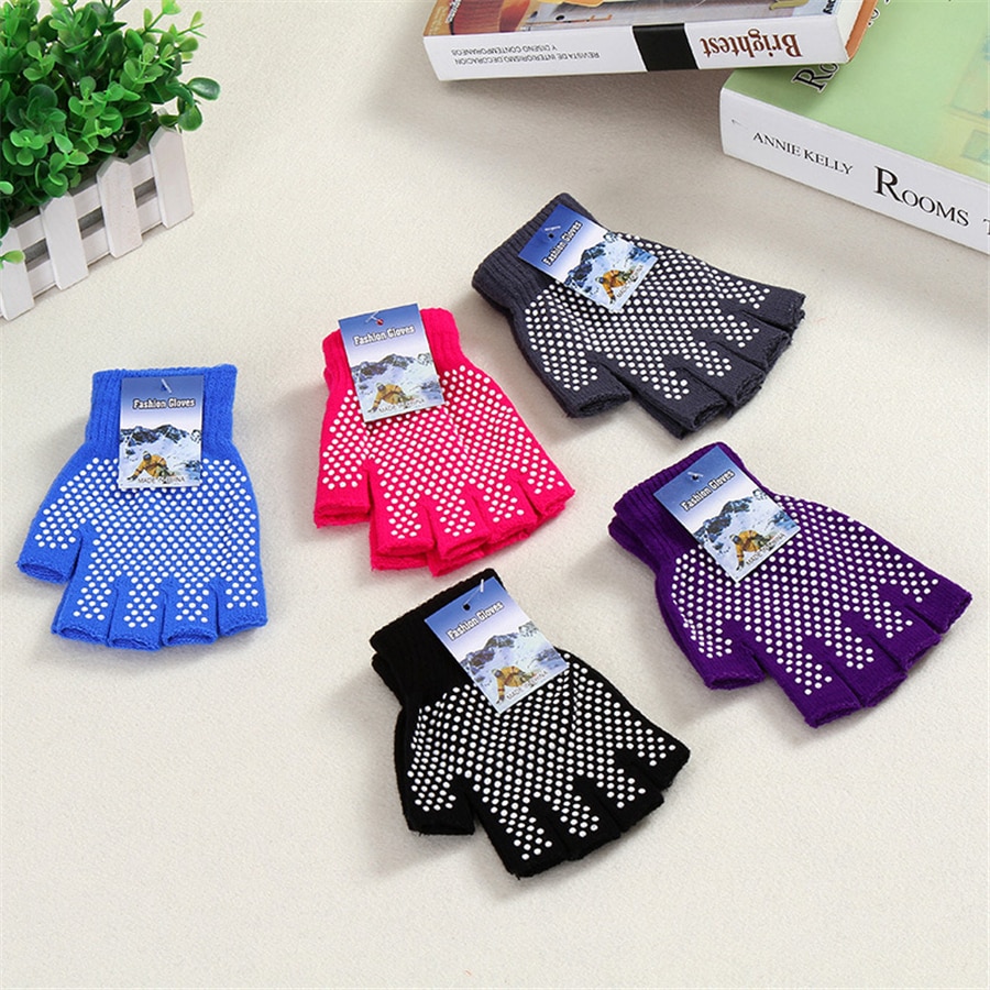 Gants de Yoga demi-doigt en coton pour femmes, antidérapants, de Sport, tricotés, à bout ouvert, respirants, à pois 2