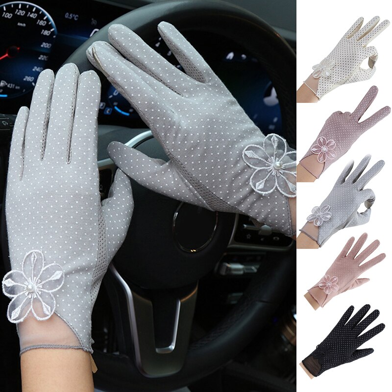 Gants courts en soie imprimés à pois, mitaines à doigts complets antidérapants, gants de cyclisme respirants, gants fins de conduite en dentelle, protection solaire UV 2