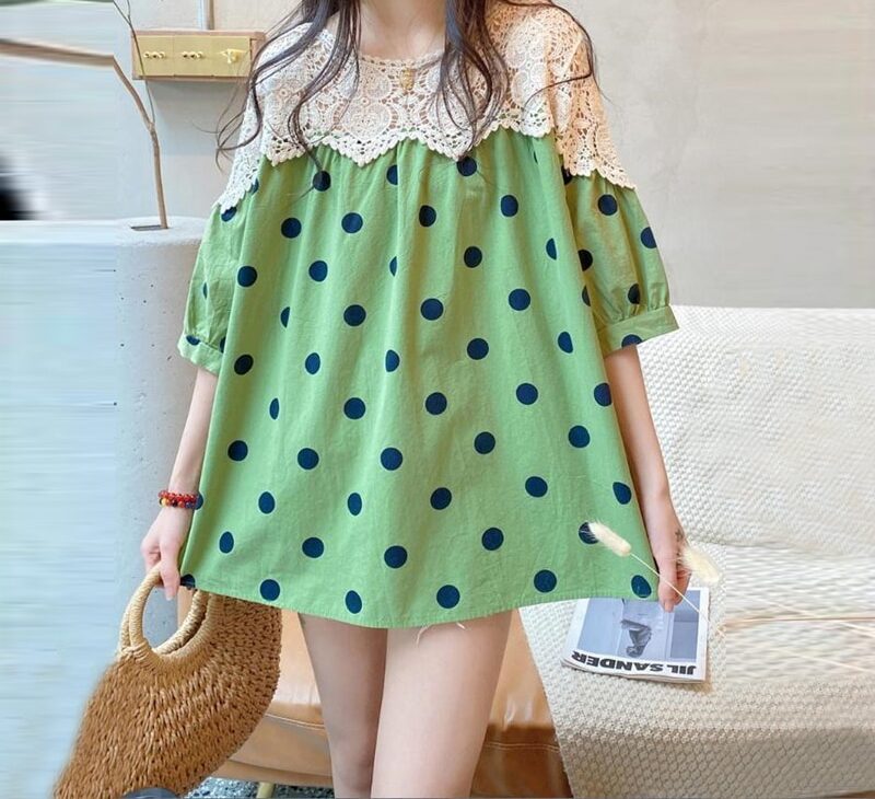 Chemise à manches mi-longues en coton et lin pour femmes, imprimé à pois, patchwork de dentelle, chemisiers doux Kawaii, vêtements d'été décontractés, Y2K 1