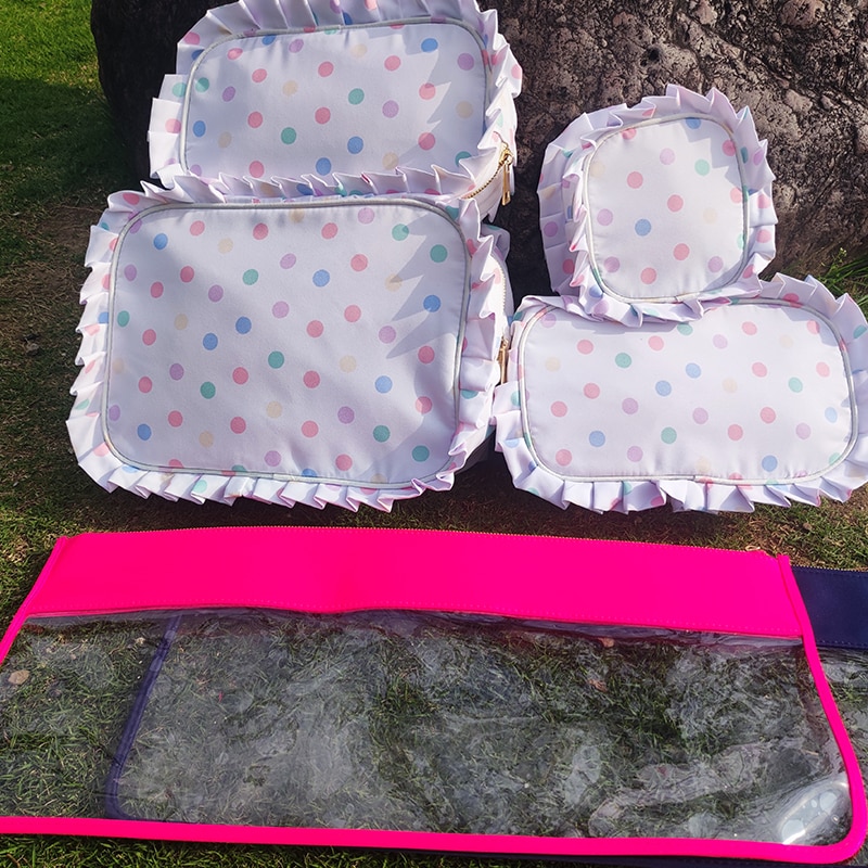 Trousse de maquillage à pois à volants personnalisée, sac à cosmétiques en dentelle, sac de rangement de voyage, cadeau de fête d'anniversaire 2