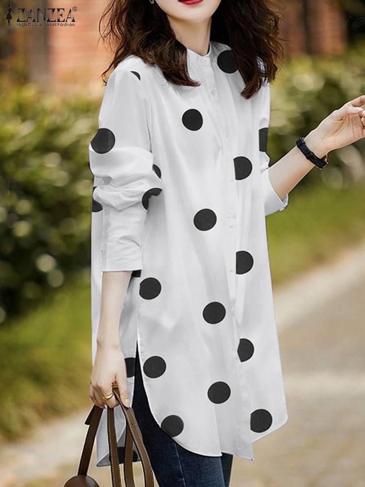 ZANZEA-Chemise à manches longues à pois College vintage pour femmes, chemisier à col rond, tunique à boutons pour femmes, chemisier décontracté, printemps, 2023 1