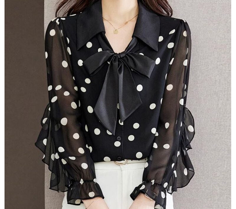 Chemise à manches princesse à pois pour femmes, volants épissés College, chemisier décontracté pour dames de bureau, vêtements d'été, mode, nouveau, 2023 1