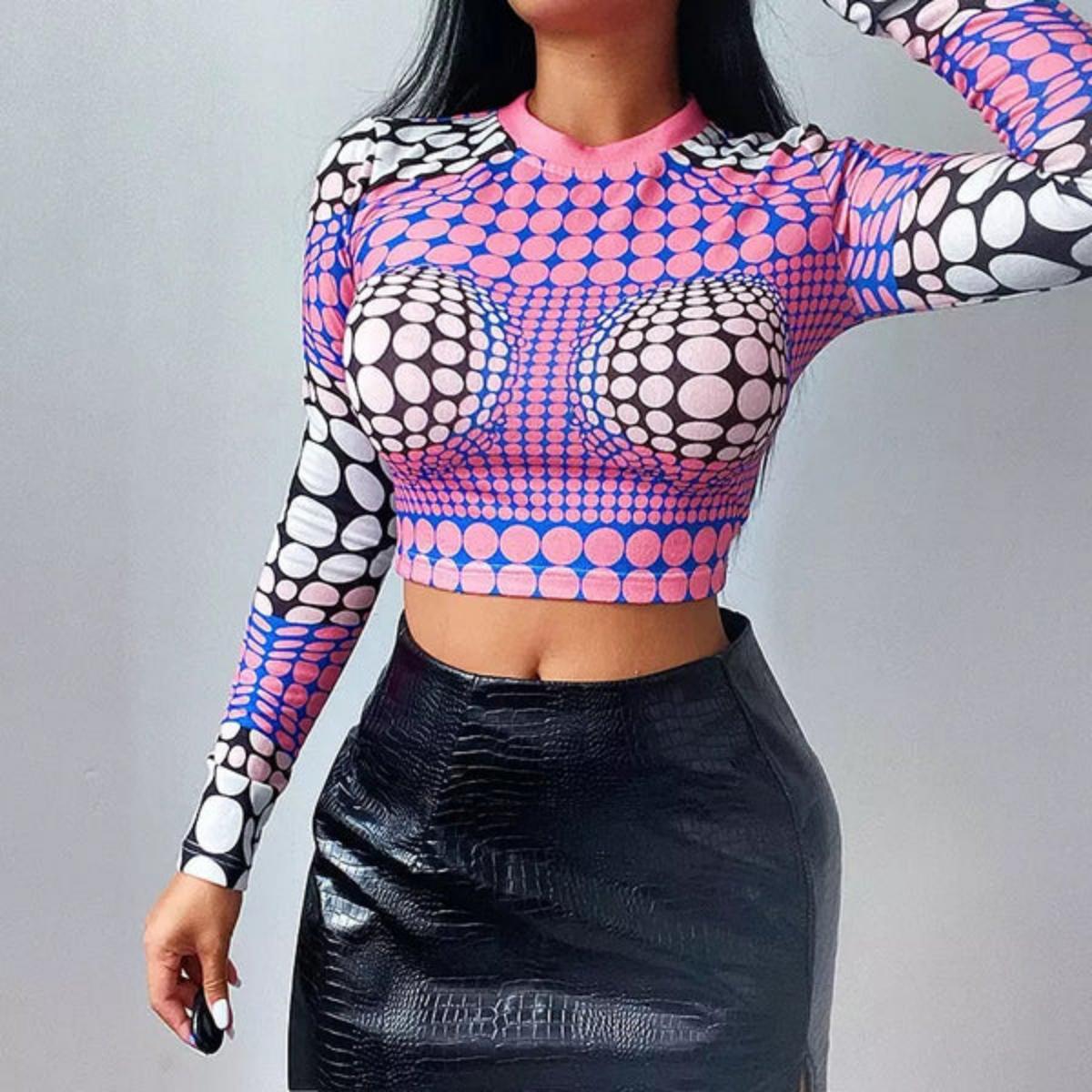 Mirxiété-T-shirt court à col rond pour femme, imprimé à pois 3D, haut moulant, nombril sexy, Y2K ChimCool, été 1