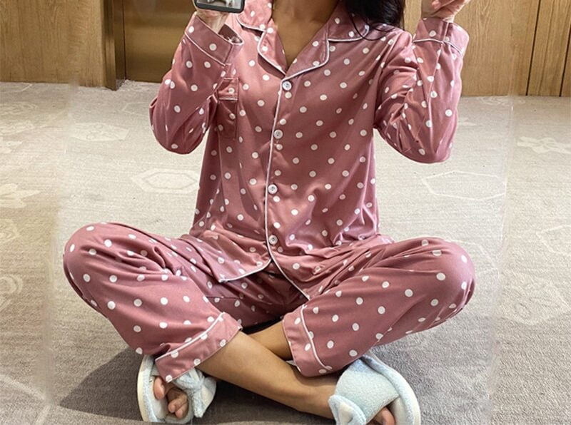 Pyjamas À Pois Pour Femmes, Ensemble Deux Pièces Manches Longues