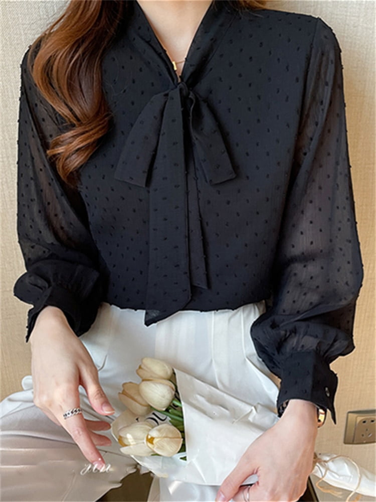 Pokal – chemise en maille à pois pour femme, avec nœud, bouton-Up, mode coréenne, élégante, bureau, manches lanternes, printemps, 2023 1
