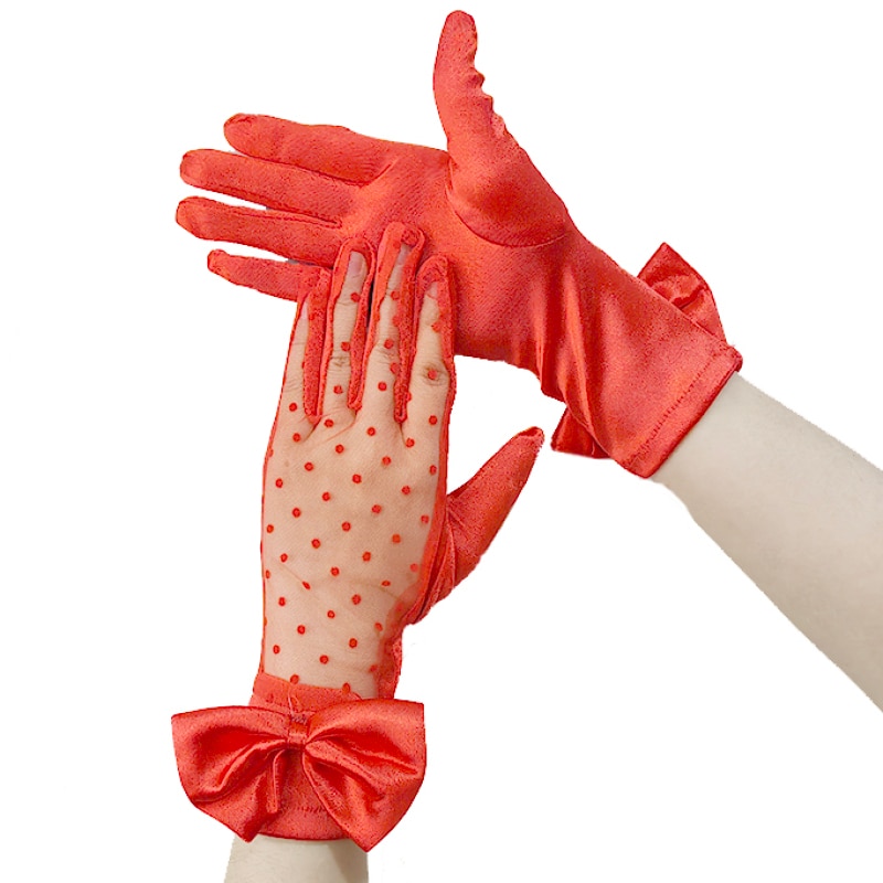Gants transparents en maille de satin pour femmes, nœud à pois sexy, style rétro respirant, performance sur scène d'opéra, gants de mariée de mariage 2