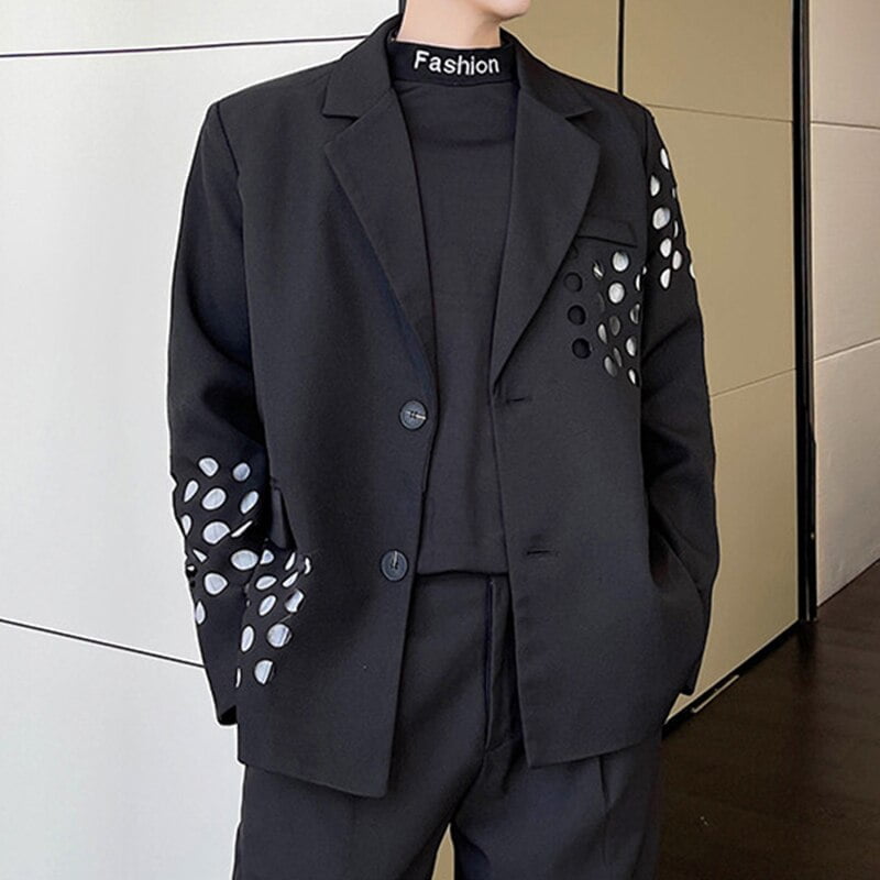 Veste de costume pour homme, blazer ajouré à pois, revers crissé à deux boutons, simple boutonnage, noir, ample, nouvelle collection 2021 2