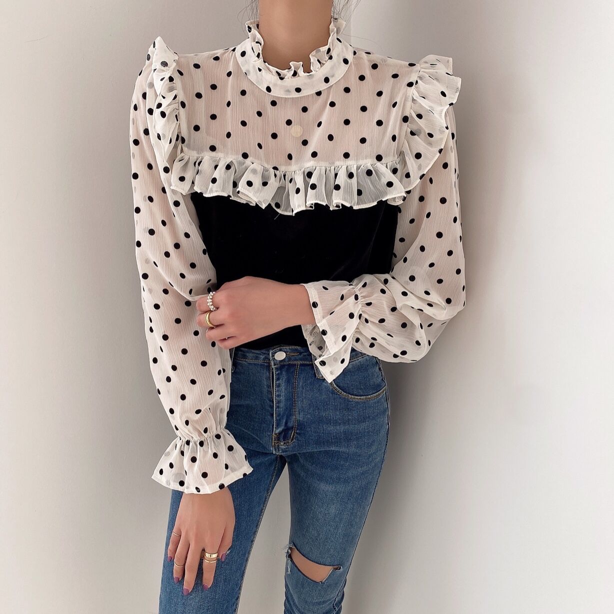 Chemise en velours côtelé pour femme, manches trompette, à pois, à volants, couture, printemps et automne 2
