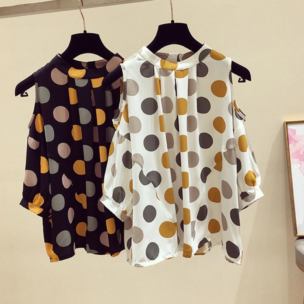 Chemise à manches mi-longues pour femmes, col rond, initié au froid, imprimé à pois, pulls fins et décontractés, streetwear de bureau 1
