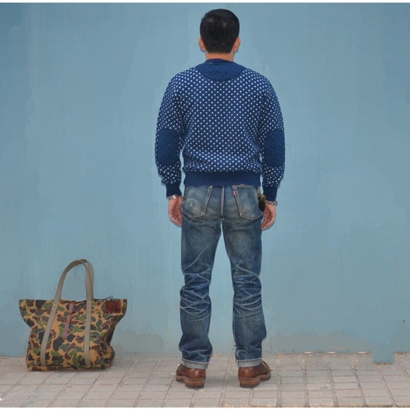 BOB DONG – pull Vintage à col ras du cou pour homme, motif étoile, teinture plante INDIGO, Amekaji, vêtements de travail 2