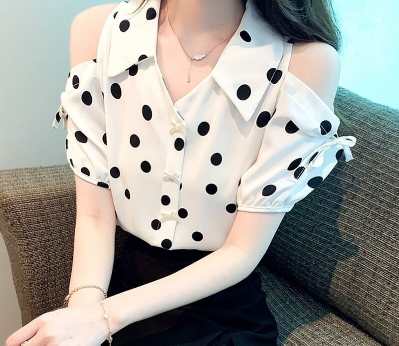 Chemisier à manches courtes et col rabattu pour femmes, pull doux, chemise à pois, haut d'été, sexy, amissié, 27489 1