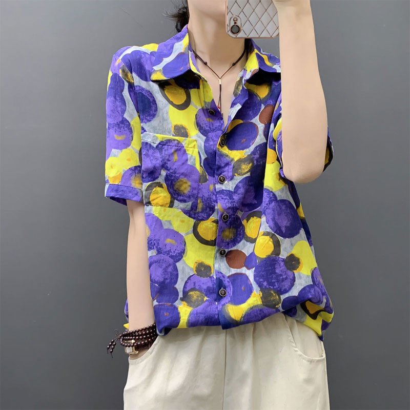 Chemisier imprimé à pois pour femme, vêtements streetwear, simple boutonnage, manches courtes, chemise décontractée à col rabattu, été 1