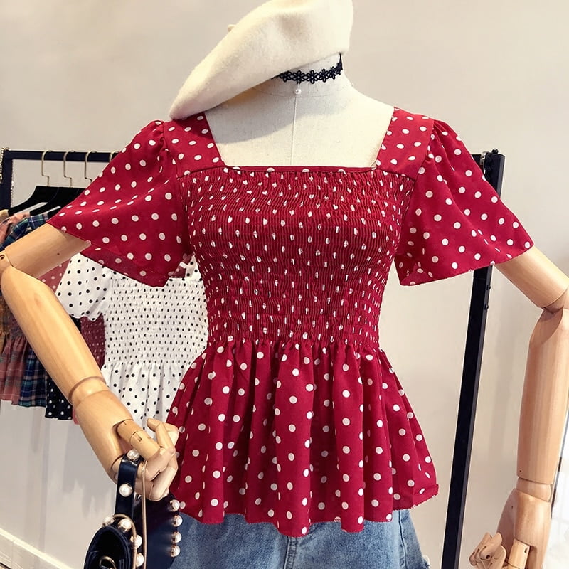 Chemisier d'été à pois pour femmes, chemise à volants à manches courtes, dos nu croisé, en mousseline de soie, élastique pour dames, SF923 1