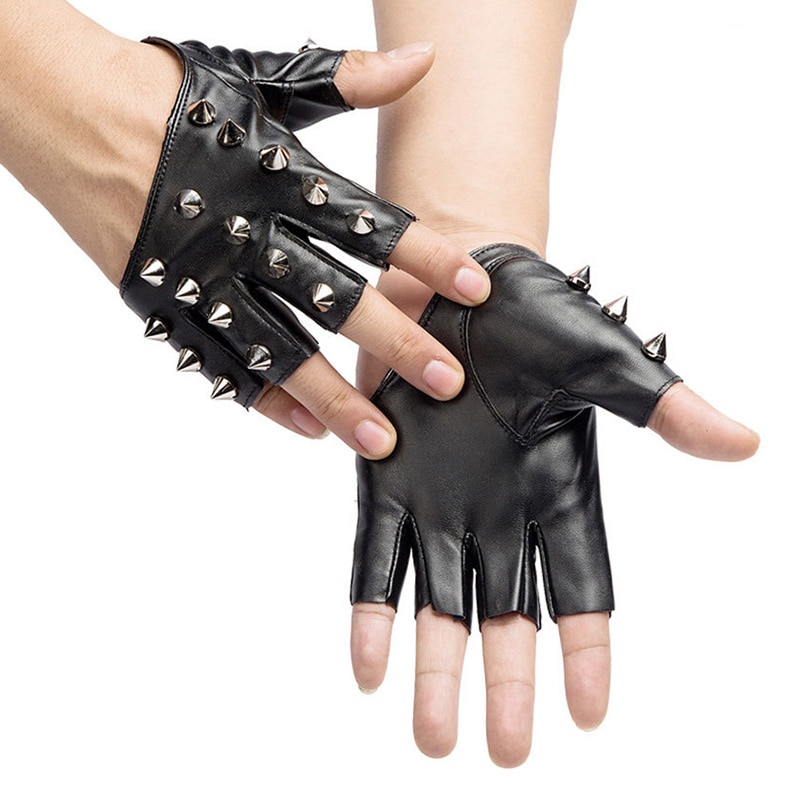 Gants Cuir Demi-Doigt Punk Hiphop Rivet Motif Pois