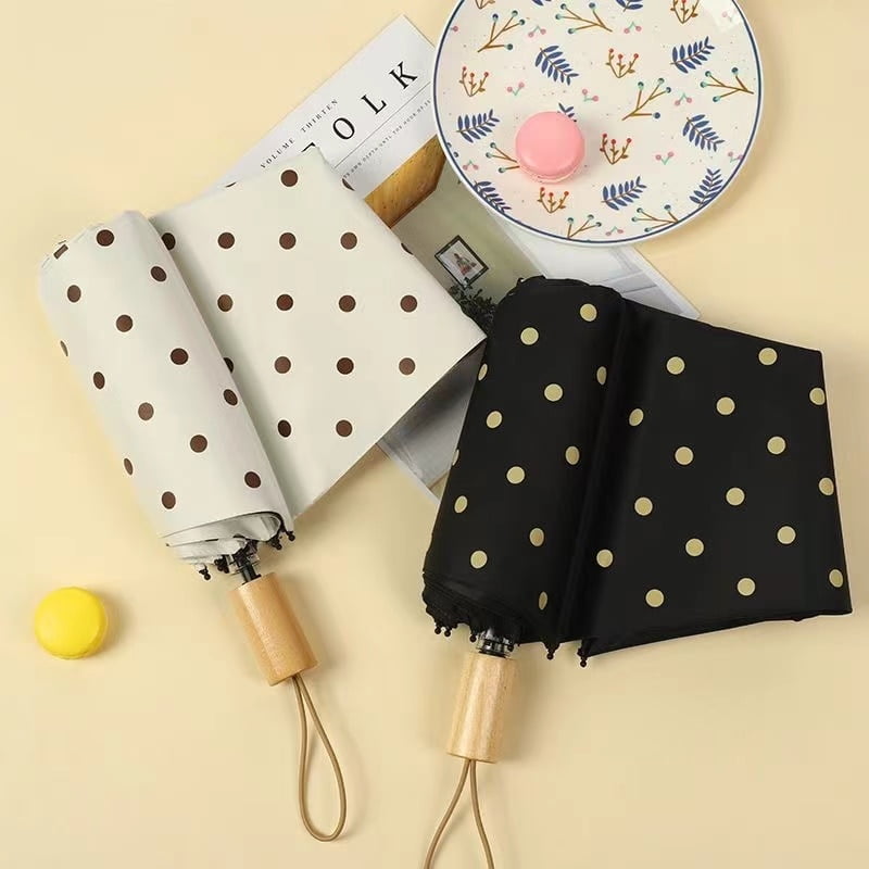 Parapluie classique imprimé à pois, avec revêtement noir, protection solaire, pour le soleil, la pluie, automatique, trois plis, pour femmes, cadeaux