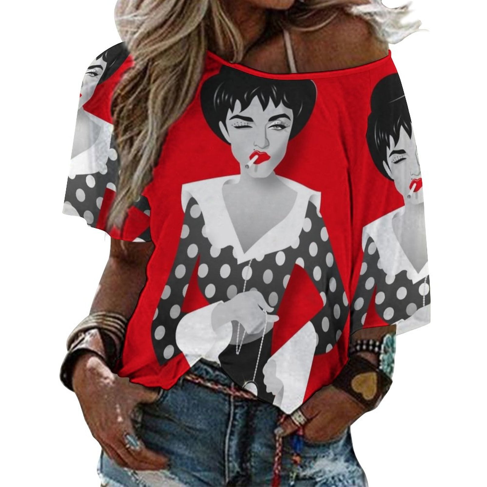 Alejandro – T-Shirt manches courtes col en V pour femme, imprimé, Sexy, à pois, rouge 1