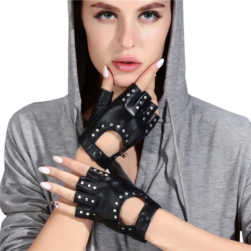 Gants Demi-Doigt En Peau De Mouton Pour Femme, Mitaines Style Court Punk Rivet