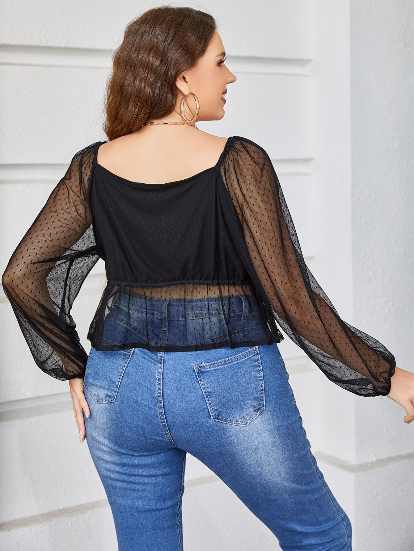 Chemisier à manches longues et col en V pour femme, haut transparent en maille, grande taille, buste, cordon de serrage, lanterne, à pois, tissu surdimensionné 2